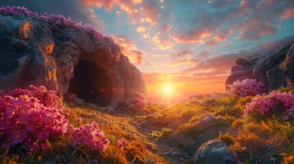 Wall Mural - Resurrection at Sunrise: Illuminated Empty Tomb with Hopeful Rays of Renewal