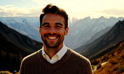 Wall Mural - Close-up portrait video of a grinning man in his 30s that is wearing a chic cardigan against a mountain pass or winding road background