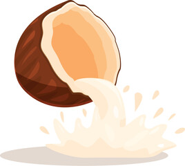 Poster - Coconut milk is splashing from cracked tropical nut on white background