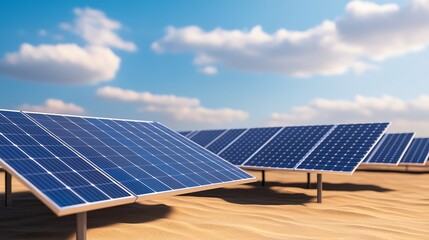 a solar panel array harnesses sunlight in a vast desert landscape under a clear blue sky with soft c