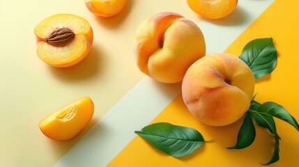 Wall Mural - Fresh and Juicy Peaches with Green Leaves on a Colorful Background - Perfect for Summer and Healthy Eating Themes