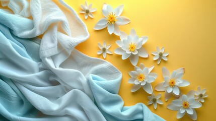 Wall Mural - Elegant White Flowers on Yellow Background with Soft Blue and White Fabric for a Fresh and Serene Aesthetic