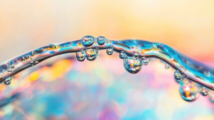 Poster - Bubbles float and shimmer in iridescent waves as soft light enhances their vibrant colors.