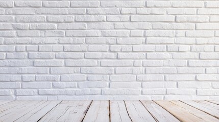 Poster - A bright area showcases a clean, empty white brick wall with a warm wooden floor.