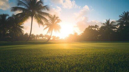 Wall Mural - a beautiful sunrise illuminates a verdant golf course dotted with graceful palm trees.