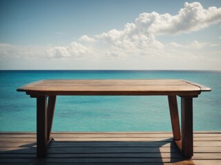 Poster - Wooden table on the background of the sea island