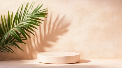 Aufkleber - A round podium casts soft leaf shadows against a warm, textured wall under natural light.