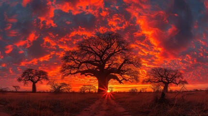 Wall Mural - Fiery Sunset Over Baobab Trees