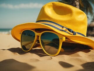 yellow sunglasses and yellow hat summer concept