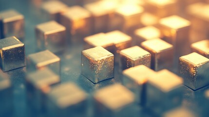 Poster - A collection of reflective gold cubes arranged aesthetically with soft lighting creating an elegant, abstract atmosphere.