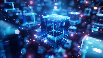 Poster - Abstract background with blue glowing cubes and glass blocks in motion, representing the concept of data flow or futuristic technology