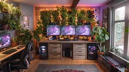 Aufkleber - This well-decorated workspace featuring plants, multiple monitors, and soft lighting.