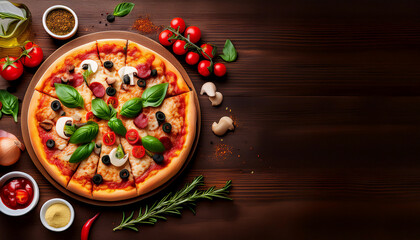  Delicious pizza with ingredients and spices. Top view with copy space on wooden table