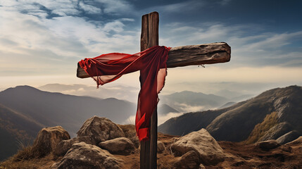 Poster - Crucifix of Jesus Christ stands atop the mountain, with a red flag waving nearby, symbolizing faith, hope, and religion against the vast landscape. crucifix, jesus christ, cross, mountain, red flag.