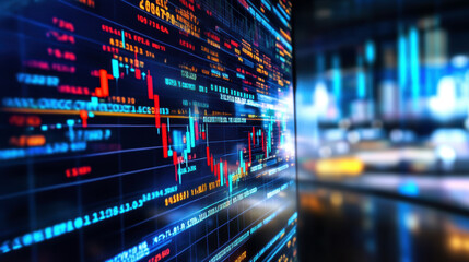 Aufkleber - A computer screen shows a graph of stock prices. The numbers are in red and blue, and the graph is very busy. Scene is intense and focused, as if the viewer is trying to understand the stock market