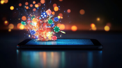 Aufkleber - A cell phone screen shows a bright, colorful explosion of casino chips. Concept of excitement and fun, as if the viewer is about to place a bet or win big at the casino