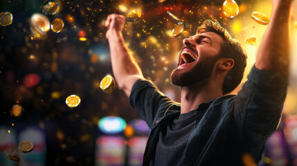 A man is throwing gold coins into the air. He is smiling and he is celebrating. The scene is likely from a casino or a party where people are throwing coins as a form of celebration