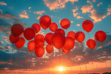 a group of red balloons in the sky