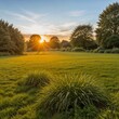 © figi - Serene park landscape at sunset with lush green grass and trees, ideal for nature and outdoor-themed designs.