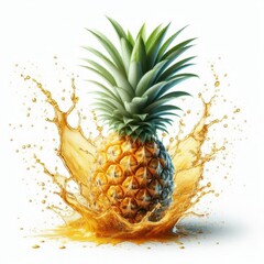 pineapple with juice on white background.water splash.
