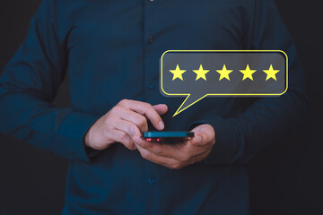 Poster - Customer use a smartphone give point 5 stars for feedback review satisfaction service opinion and testimonial on application. Online customer review satisfaction feedback survey.