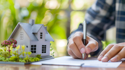 A person signs a document for a house purchase, with a miniature house model in the background, emphasizing the concept of real estate, homeownership, and mortgage.