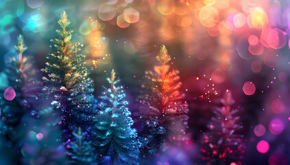 Wall Mural - abstract digital painting of christmas pine trees with colorful lights, featuring a blurred backgrou