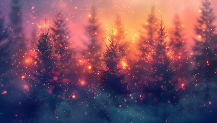 Wall Mural - abstract digital painting of christmas pine trees with colorful lights, featuring a blurred backgrou