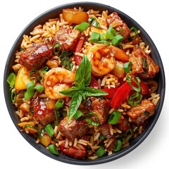 Wall Mural - A bowl of rice topped with shrimp, red peppers, yellow squash and meat. The dish is garnished with parsley and basil.