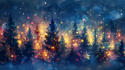 Wall Mural - abstract digital painting of christmas pine trees with colorful lights, featuring a blurred backgrou