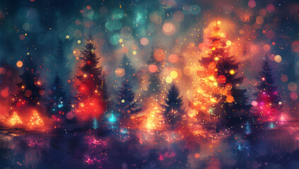 Wall Mural - abstract digital painting of christmas pine trees with colorful lights, featuring a blurred backgrou
