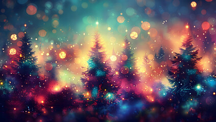 Wall Mural - abstract digital painting of christmas pine trees with colorful lights, featuring a blurred backgrou