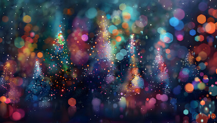 Wall Mural - abstract digital painting of christmas pine trees with colorful lights, featuring a blurred backgrou