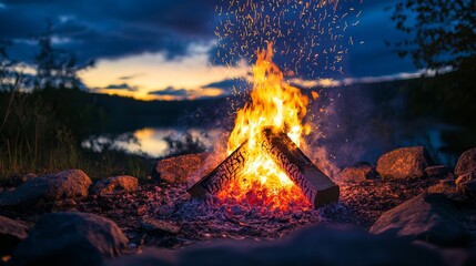 Sticker - Campfire in the evening with sparks, surrounded