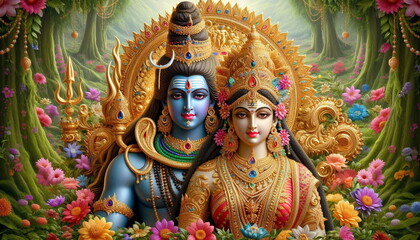 beautiful colorful hindu god lord shiva or sankar,mahadev with goddess parvathy or parvati with flow