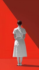 Wall Mural - nurse on red background. conceptual image, minimalist, beautiful, centered,