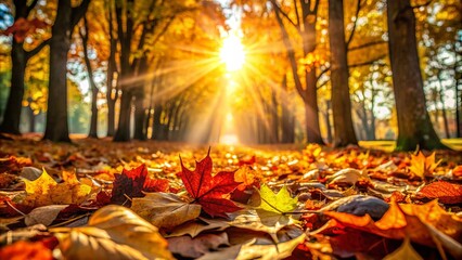 Wall Mural - Vibrant autumn leaves on the ground with sunlight shining through the trees, fall, season, foliage, colorful, nature, outdoors