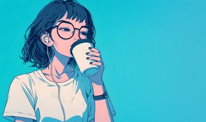 Wall Mural - Cute girl drinking a drink from a takeaway cup, Generative AI