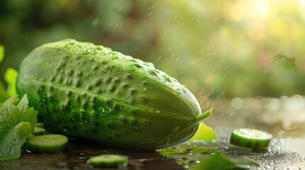 Wall Mural - Fresh cucumber sitting on a wooden surface with water droplets falling off of it, indicating recent washing.