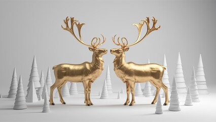 picture of two golden deer with cone standing marbles on white background. Generative ai.