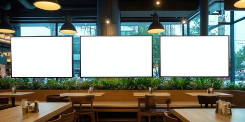 Wall Mural - Three Blank Screens in a Modern Restaurant Interior,a restaurant with big screen banners,Mock up screen display Restaurant Cafe Menu Food Business, for restaurant marketing, food service industry, dig