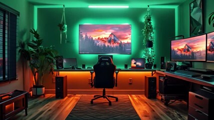 Aufkleber - This cozy workspace featuring vibrant LED lighting and multiple monitors.