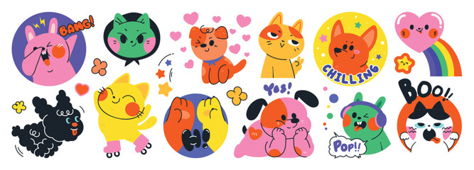 Wall Mural - Set of cute pet sticker vector. Lovely cat and dog doodle pattern in different poses and breeds. Adorable funny pet and many characters hand drawn collection for T-shirt, sticker, print, pet shop.