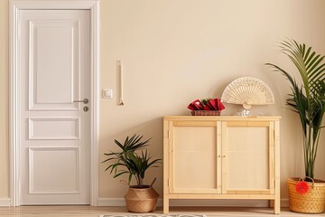 Wall Mural - minimalist hallway interior with a wooden cabinet, potted plants and a white door.