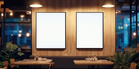 Poster - Blank Frames In A Modern Restaurant,a restaurant with big screen banners,Mock up screen display Restaurant Cafe Menu Food Business, for restaurant marketing, food service industry, digital menu advert