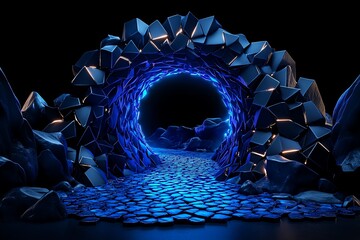 Poster - Abstract 3D render of a blue glowing tunnel with geometric shapes creating a sci-fi, futuristic atmosphere for fantasy themes.