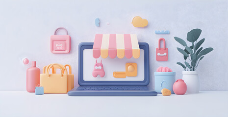 Wall Mural - A laptop screen shows a shopping cart with a pink and orange awning