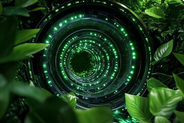 Poster - A futuristic tunnel surrounded by lush green foliage, illuminated by green lights, creating a blend of nature and technology.