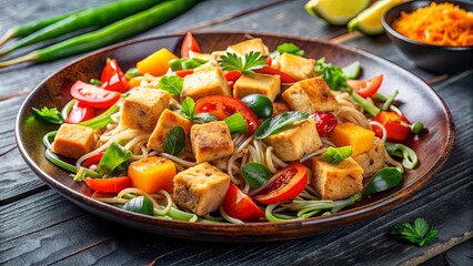 Wall Mural - Delightful dish of crispy tofu cubes with colorful vegetables and konjac noodles, garnished with fresh herbs , tofu