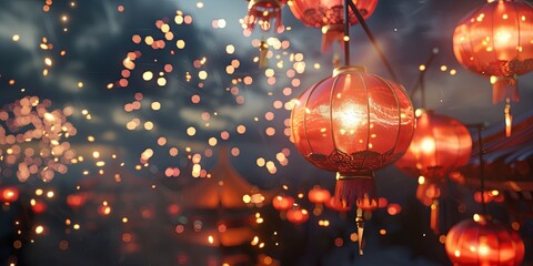 Wall Mural - Glowing red lanterns with blurred background of lights.